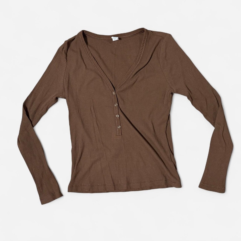Old Navy Womens Ribbed Henley Top Long Sleeve Brown V-Neck XS